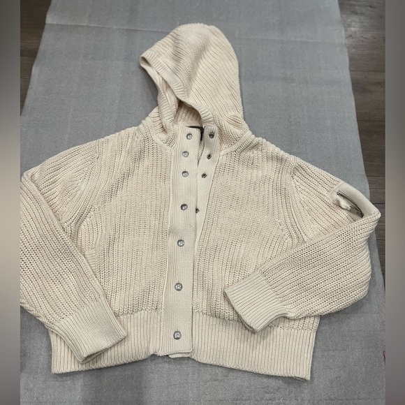 [XL]Banana Republic Varo Cream Chunky Knit Hooded Bomber Sweater Organic Cotton - Picture 2 of 9